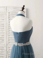 A-Line Gray Blue Tulle Long Bridesmaid Dress Floor-Length Beading Formal Prom Dress Elegant