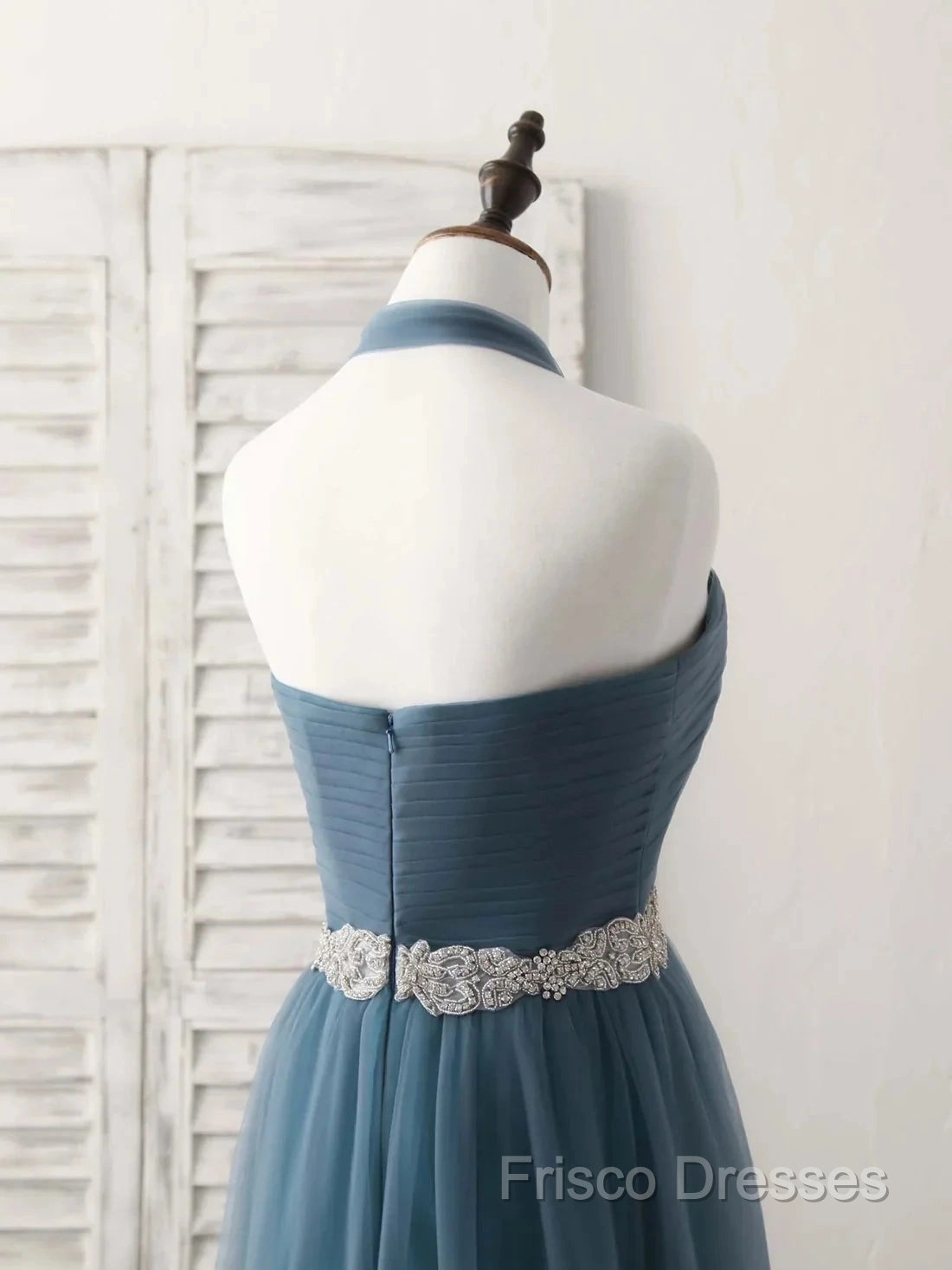 A-Line Gray Blue Tulle Long Bridesmaid Dress Floor-Length Beading Formal Prom Dress Elegant