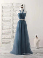 A-Line Gray Blue Tulle Long Bridesmaid Dress Floor-Length Beading Formal Prom Dress Elegant