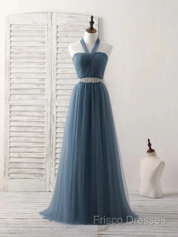 A-Line Gray Blue Tulle Long Bridesmaid Dress Floor-Length Beading Formal Prom Dress Elegant