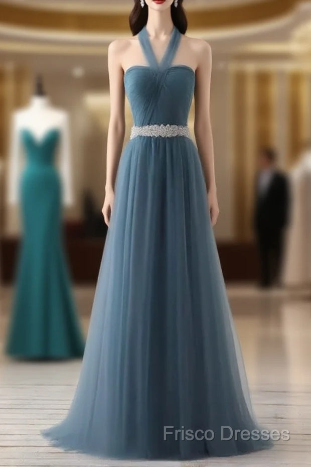 A-Line Gray Blue Tulle Long Bridesmaid Dress Floor-Length Beading Formal Prom Dress Elegant
