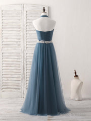A-Line Gray Blue Tulle Long Bridesmaid Dress Gray Blue Prom Dress