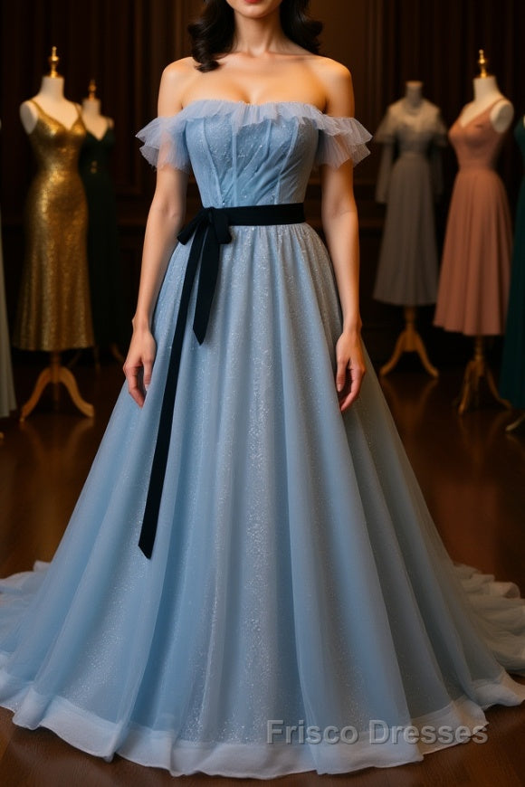 A-Line Gray Blue Tulle Long Formal Prom Dresses, Gray Blue Long Formal Dresses