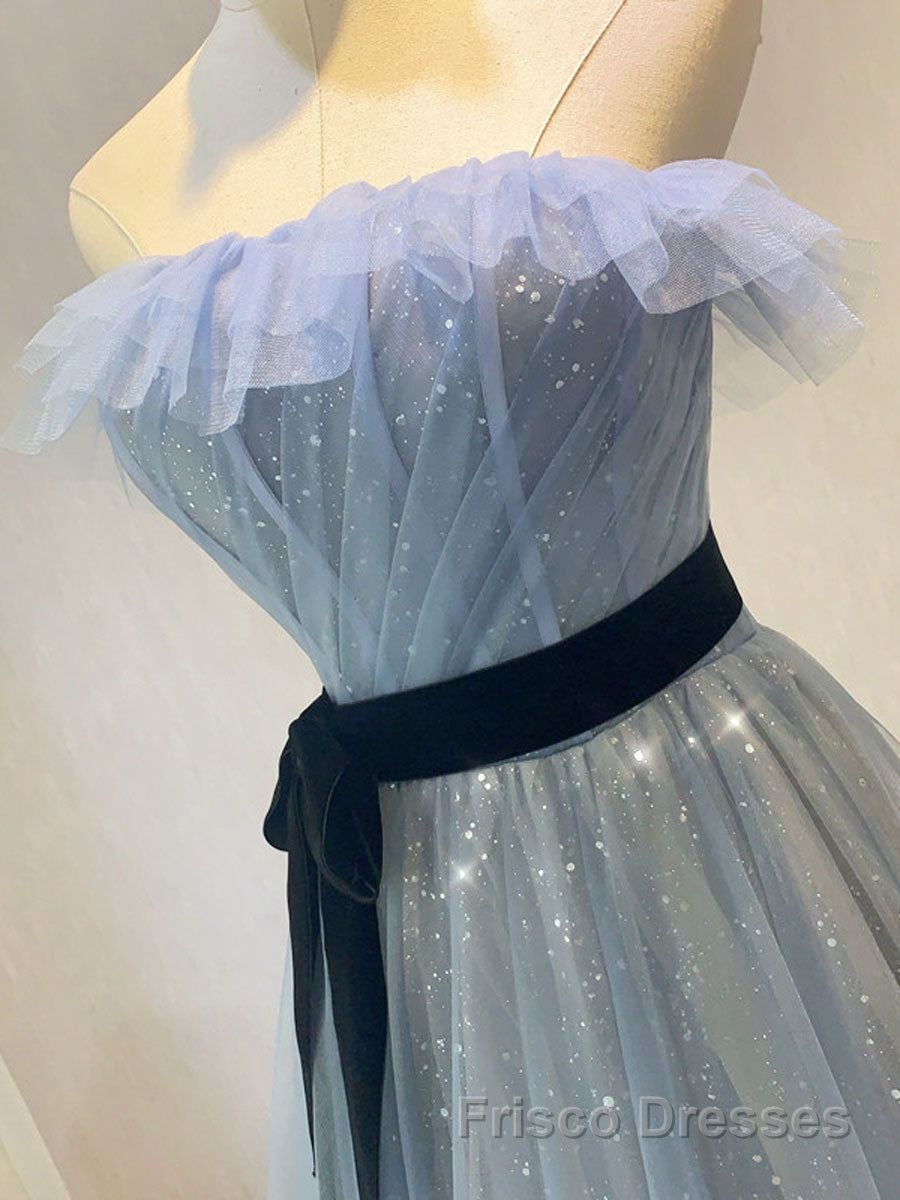 A-Line Gray Blue Tulle Long Formal Prom Dresses, Gray Blue Long Formal Dresses Secondary image