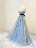 A-Line Gray Blue Tulle Long Formal Prom Dresses, Gray Blue Long Formal Dresses