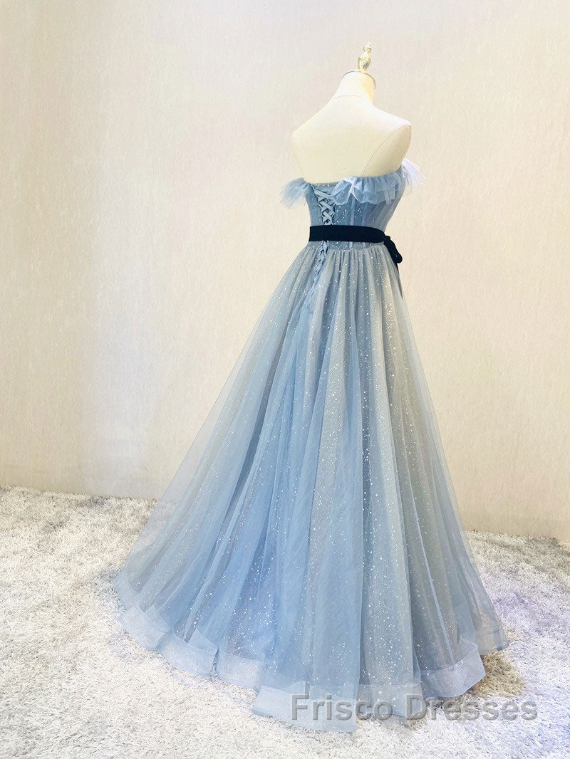 A-Line Gray Blue Tulle Long Formal Prom Dresses, Gray Blue Long Formal Dresses