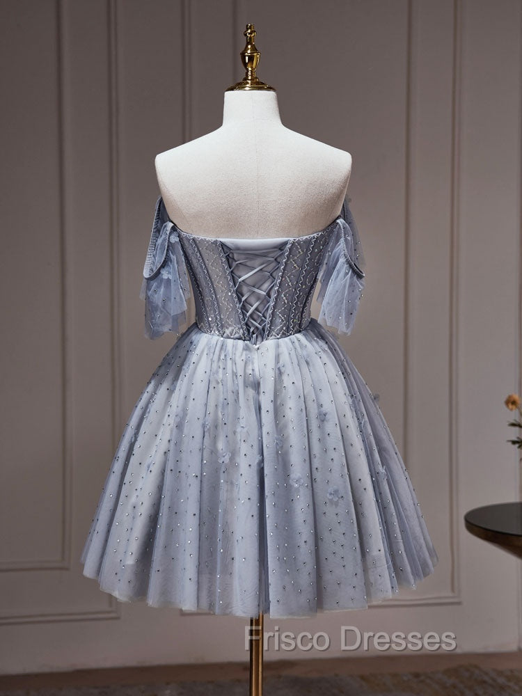 A-Line Gray Blue Tulle Short Formal Prom Dress. Cute Gray Blue Homecoming Dress
