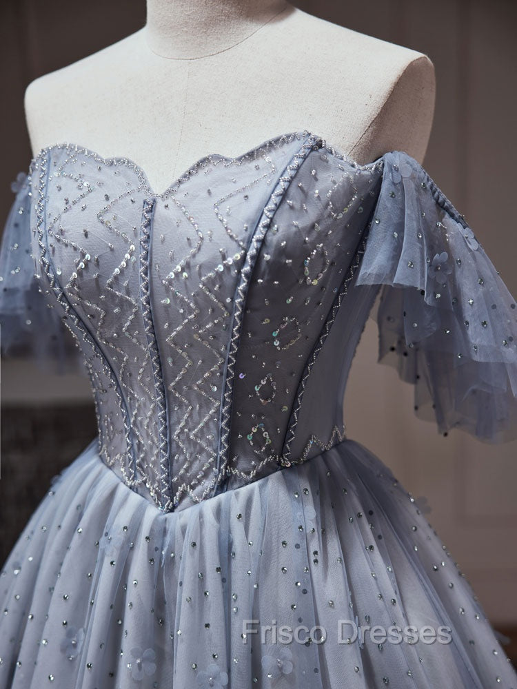 A-Line Gray Blue Tulle Short Formal Prom Dress. Cute Gray Blue Homecoming Dress