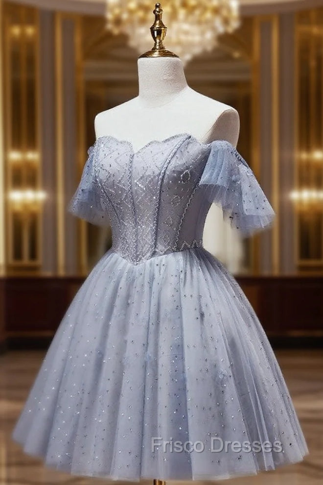A-Line Gray Blue Tulle Short Formal Prom Dress. Cute Gray Blue Homecoming Dress