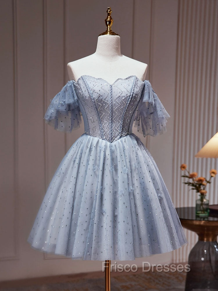 A-Line Gray Blue Tulle Short Formal Prom Dress. Cute Gray Blue Homecoming Dress