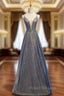 A-Line Gray Deep V-neck Sleeveless Long Formal Prom Dress