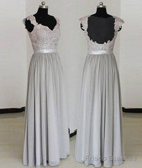 A-Line Gray Long Prom Dress, Gray Lace Bridesmaid Dress