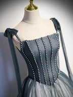 A Line Gray Long Formal Prom Dress, Tulle Gray Formal Graduation Dress with Beading