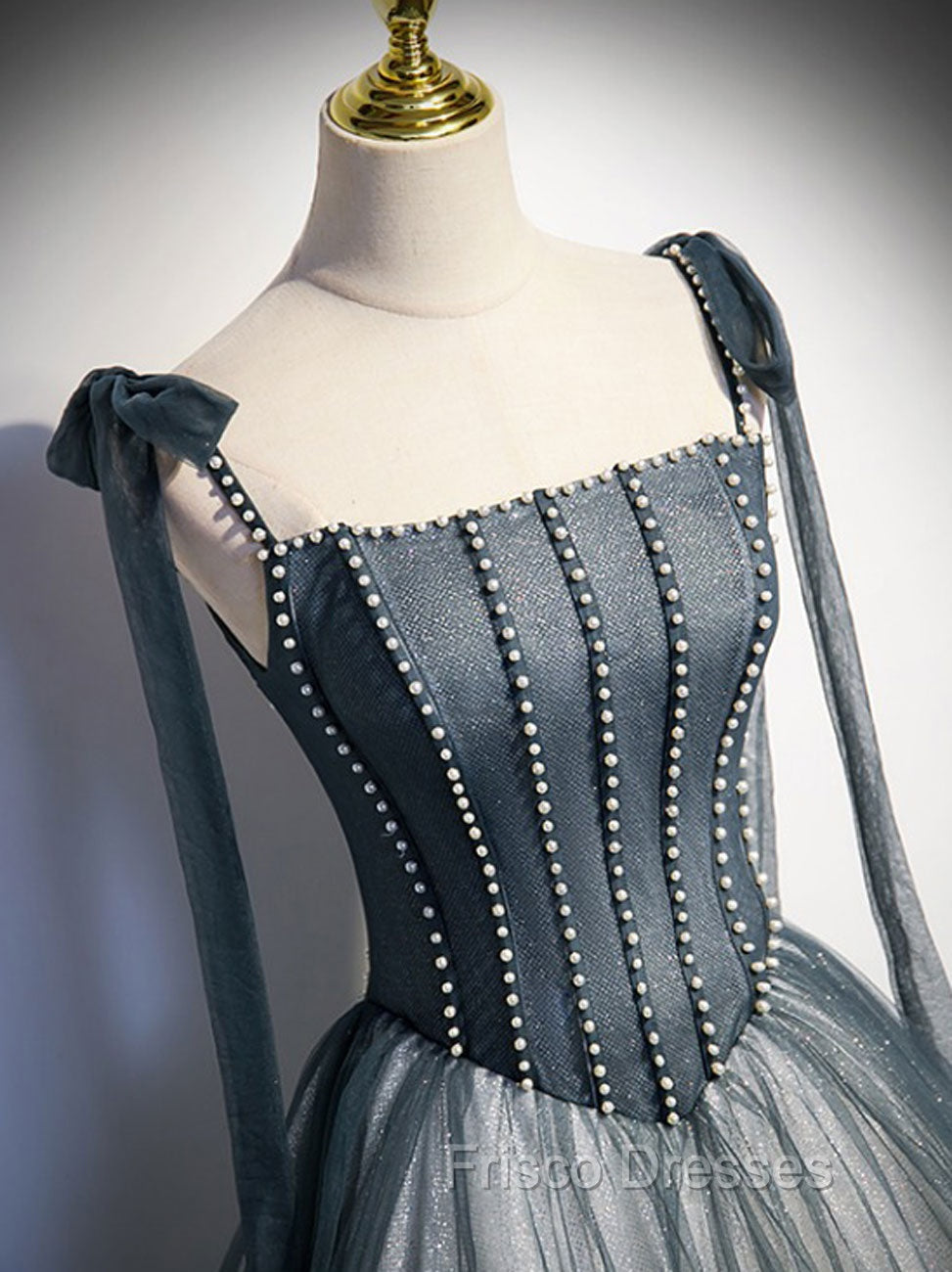 A Line Gray Long Formal Prom Dress, Tulle Gray Formal Graduation Dress with Beading