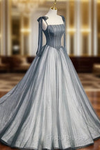 A Line Gray Long Formal Prom Dress, Tulle Gray Formal Graduation Dress with Beading