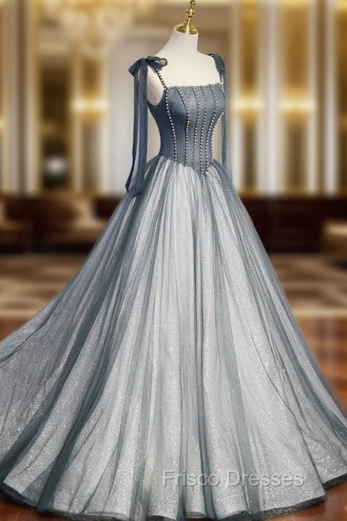 A Line Gray Long Formal Prom Dress, Tulle Gray Formal Graduation Dress with Beading