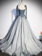 A Line Gray Long Formal Prom Dress, Tulle Gray Formal Graduation Dress with Beading