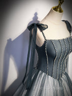 A Line Gray Long Formal Prom Dress, Tulle Gray Formal Graduation Dress with Beading