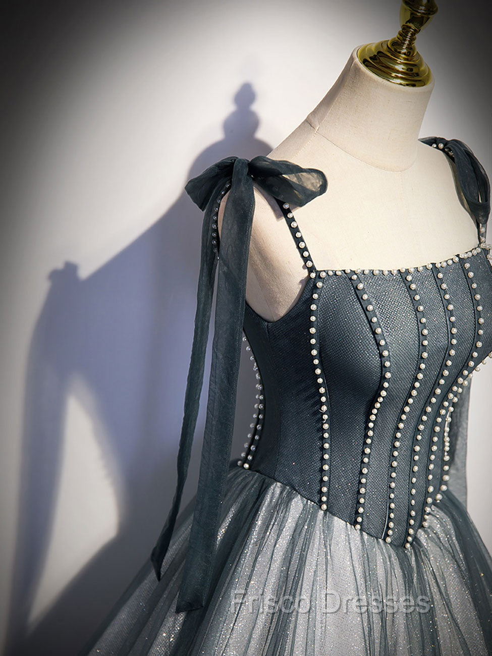 A Line Gray Long Formal Prom Dress, Tulle Gray Formal Graduation Dress with Beading