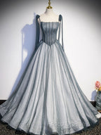 A Line Gray Long Formal Prom Dress, Tulle Gray Formal Graduation Dress with Beading