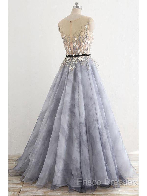 A-Line Gray Rround Neck Tulle Long Formal Prom Dress Grey Formal Dress,