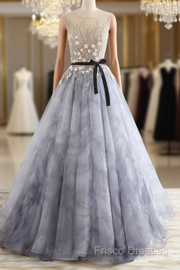 A-Line Gray Rround Neck Tulle Long Formal Prom Dress Grey Formal Dress, Main image