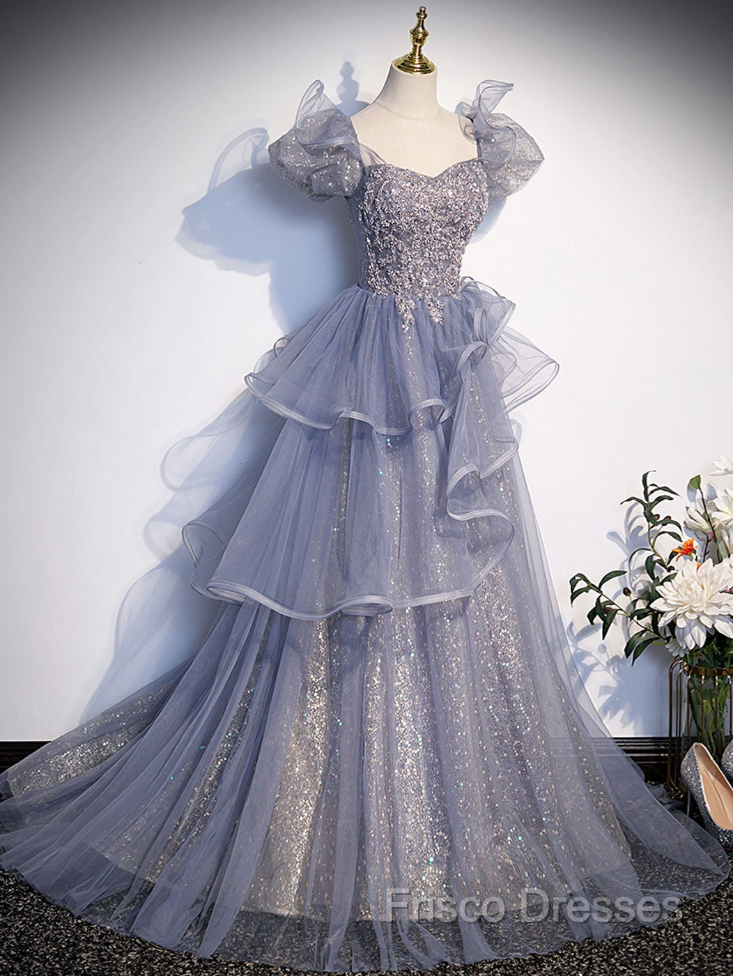 A-Line Gray Sequin Long Formal Prom Dress, Sequin Tulle Formal Dress Secondary image