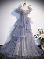 A-Line Gray Sequin Long Formal Prom Dress, Sequin Tulle Formal Dress