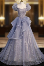 A-Line Gray Sequin Long Formal Prom Dress, Sequin Tulle Formal Dress