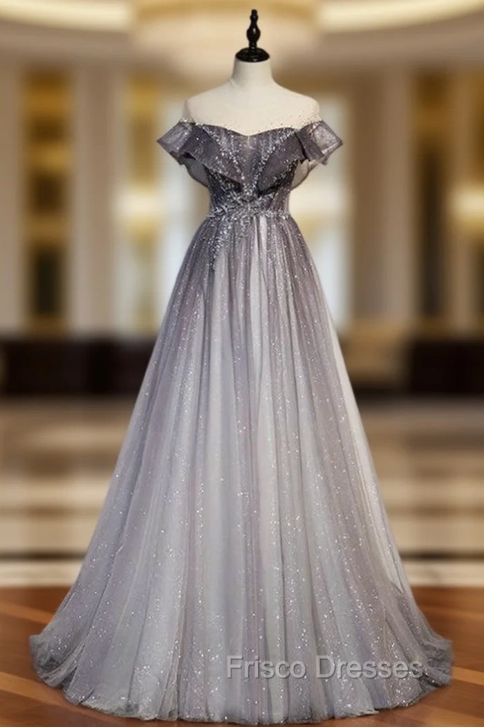 A-Line Gray Tulle Beading Cap Sleeve Formal Prom Dress