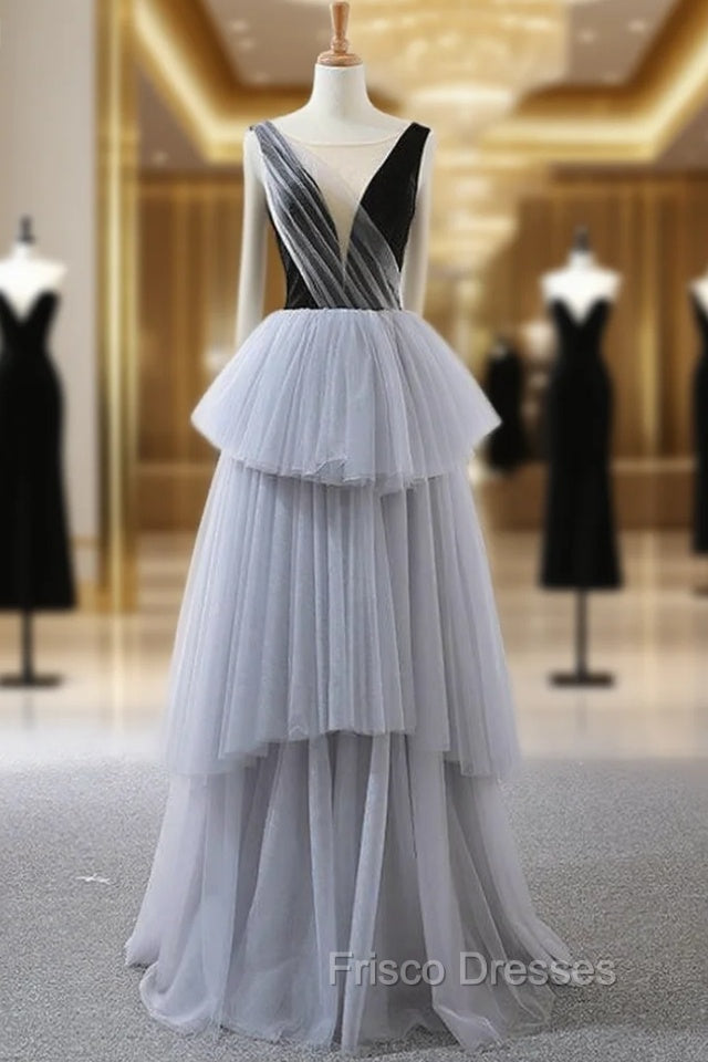 A-Line Gray Tulle Black Velvet Bateau Backless Formal Prom Dress Main image