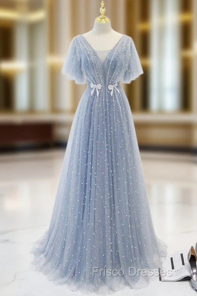 A-Line Gray Tulle Pearls V-neck Formal Prom Dress Main image