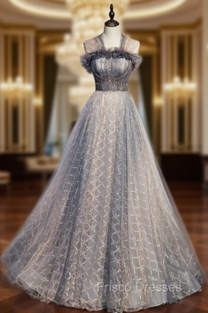 A-Line Gray Tulle Pleats Beading Formal Prom Dress Main image