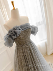 A-Line Gray Tulle Sequin Long Formal Prom Dress, Gray Long Formal Dress