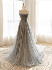 A-Line Gray Tulle Sequin Long Formal Prom Dress, Gray Long Formal Dress