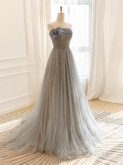 A-Line Gray Tulle Sequin Long Formal Prom Dress, Gray Long Formal Dress