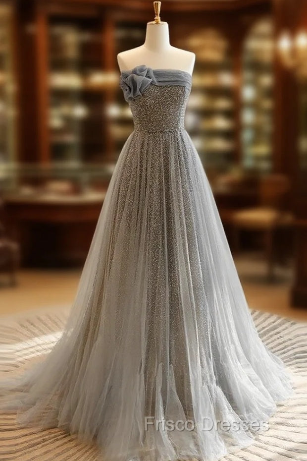 A-Line Gray Tulle Sequin Long Formal Prom Dress, Gray Long Formal Dress Main image