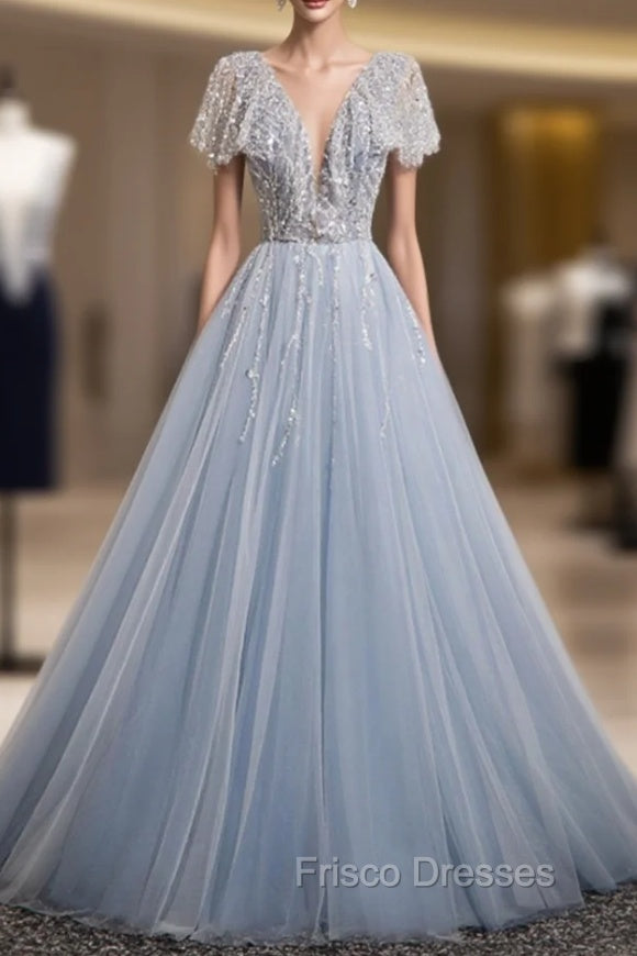 A-Line Gray Tulle Sequins Formal Prom Dress Main image