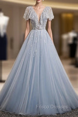A-Line Gray Tulle Sequins Formal Prom Dress