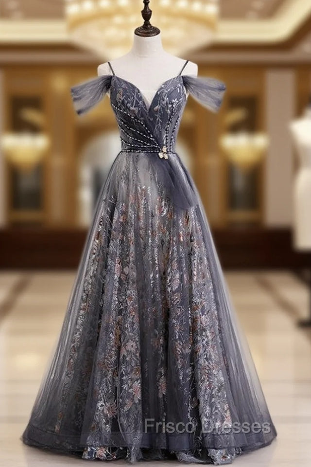 A-Line Gray Tulle Sequins Spaghetti Straps Formal Prom Dress