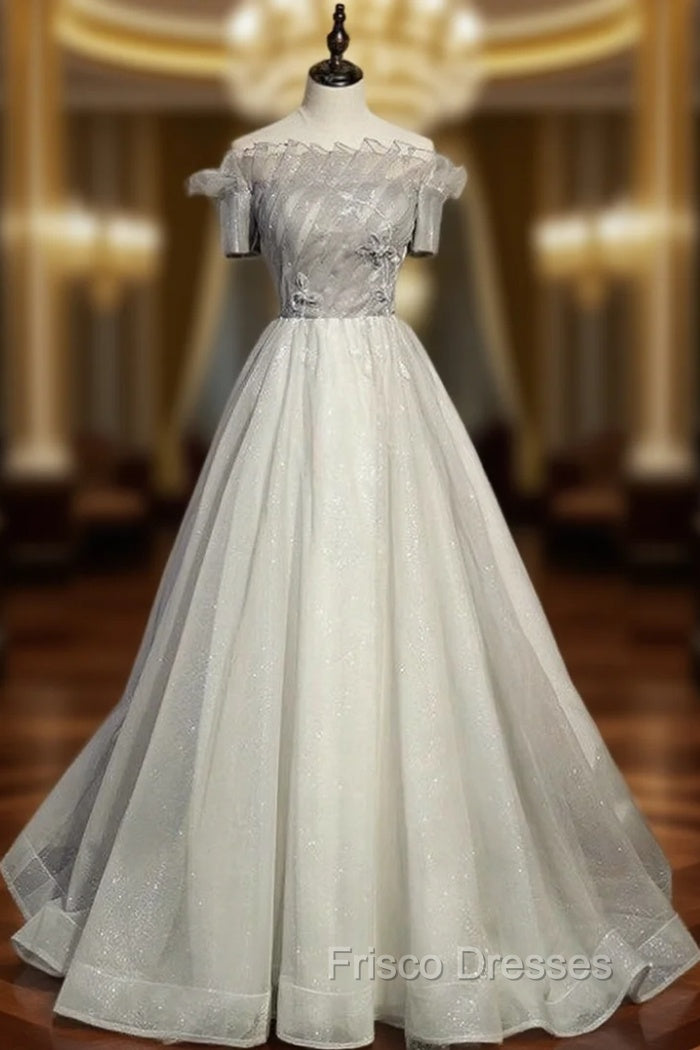 A-Line Gray Tulle Short Sleeve Beading Formal Prom Dress