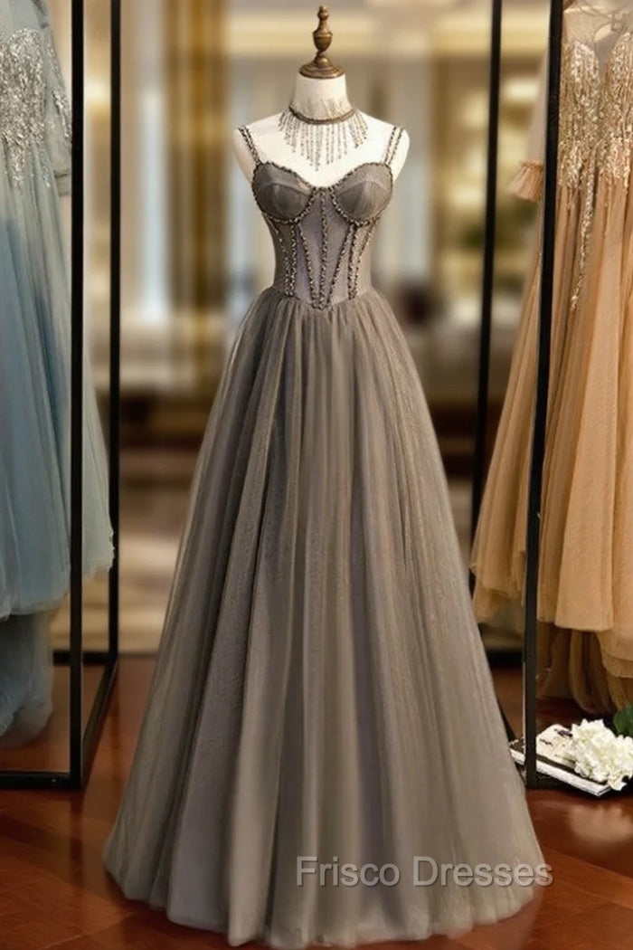 A-Line Gray Tulle Spagehtti Straps Beading Formal Prom Dress Main image