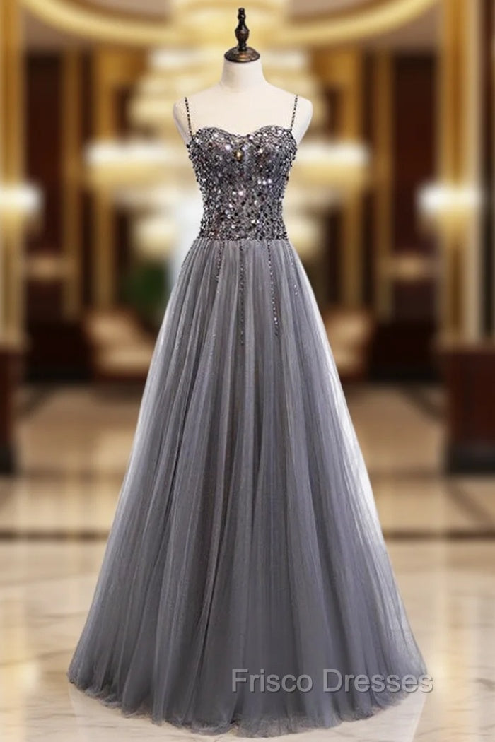 A-Line Gray Tulle Spagehtti Straps Sequins Formal Prom Dress Main image