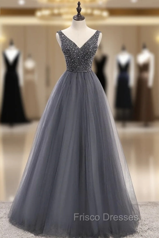A-Line Gray Tulle V-neck Backless Beading Formal Prom Dress Main image