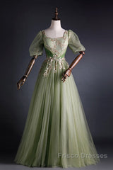 A Line Green Applique Formal Prom Dress Sweet Tulle Birthday Party Dress