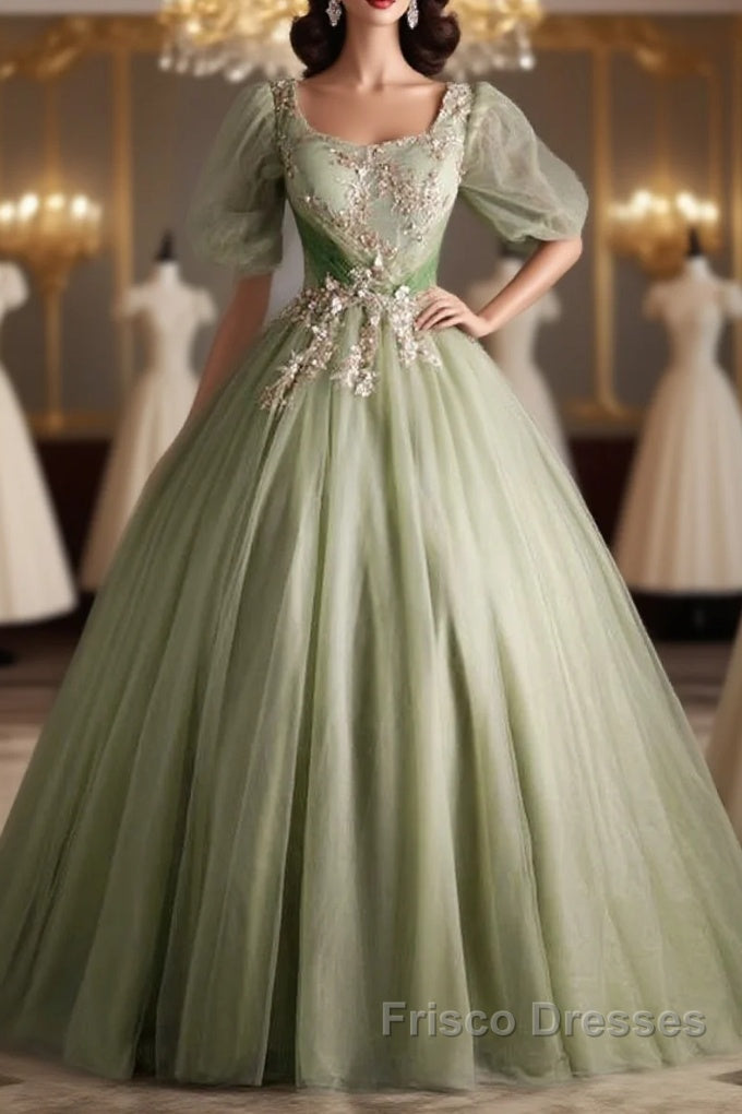 A Line Green Applique Formal Prom Dress Sweet Tulle Birthday Party Dress Main image