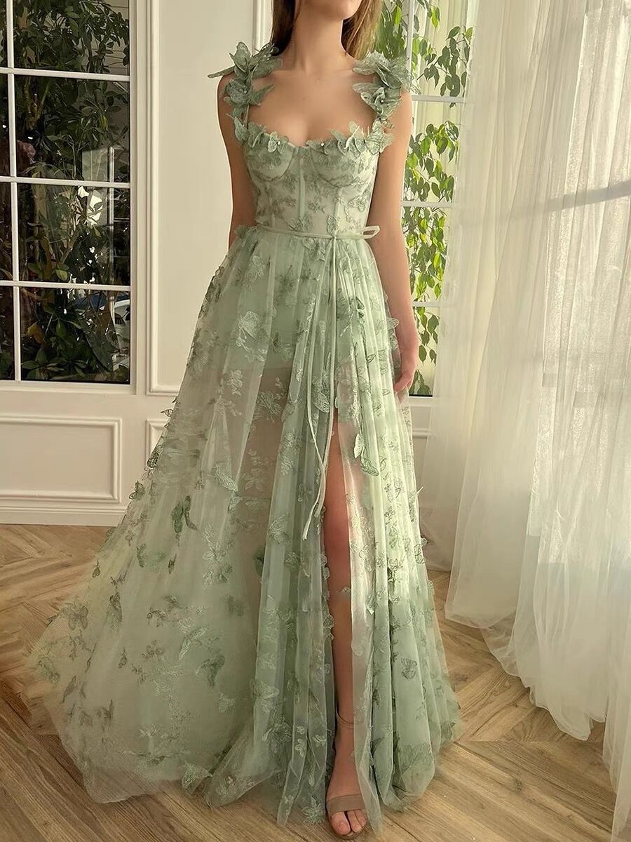 A line Green Corset Long Tulle Prom Dress With 3D Butterflies Main image