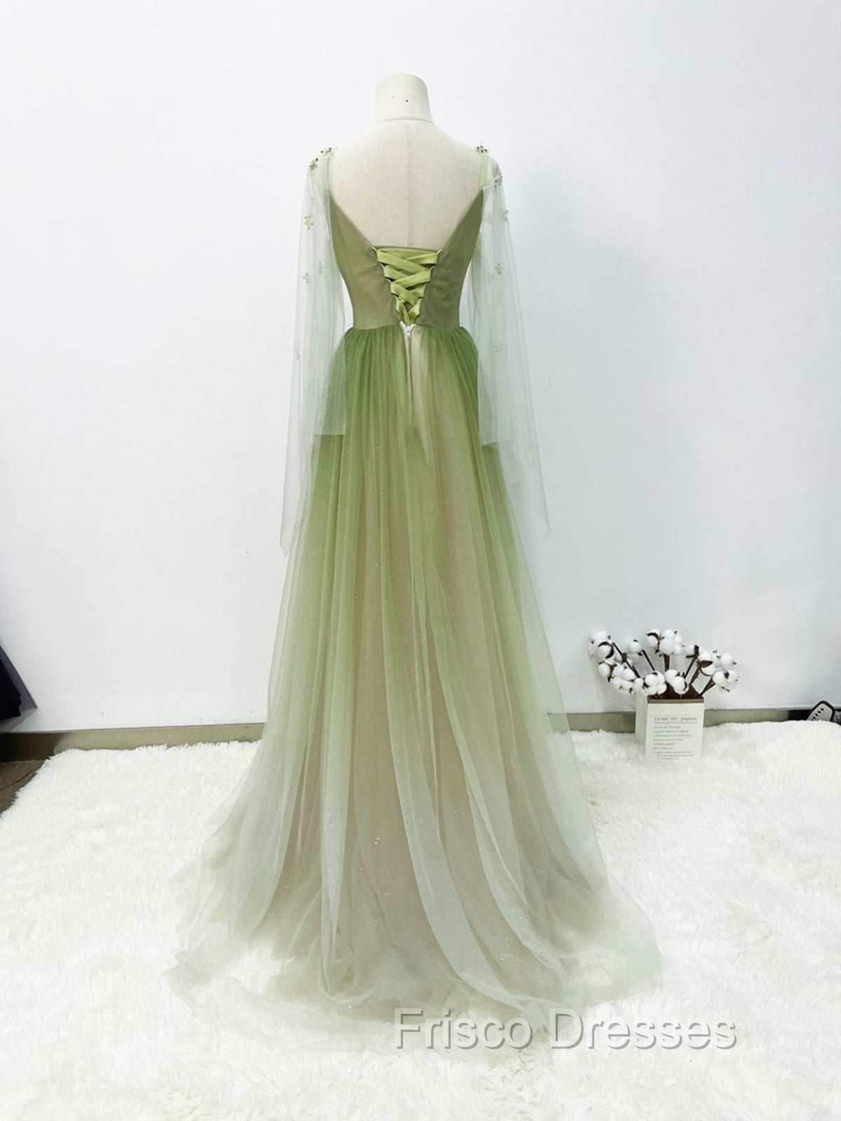 A-line Green Gradient Puffy Sleeves Tulle Long Party Dress, Green Long Formal Prom Dress