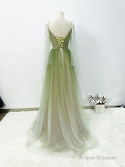 A-line Green Gradient Puffy Sleeves Tulle Long Party Dress, Green Long Prom Dress