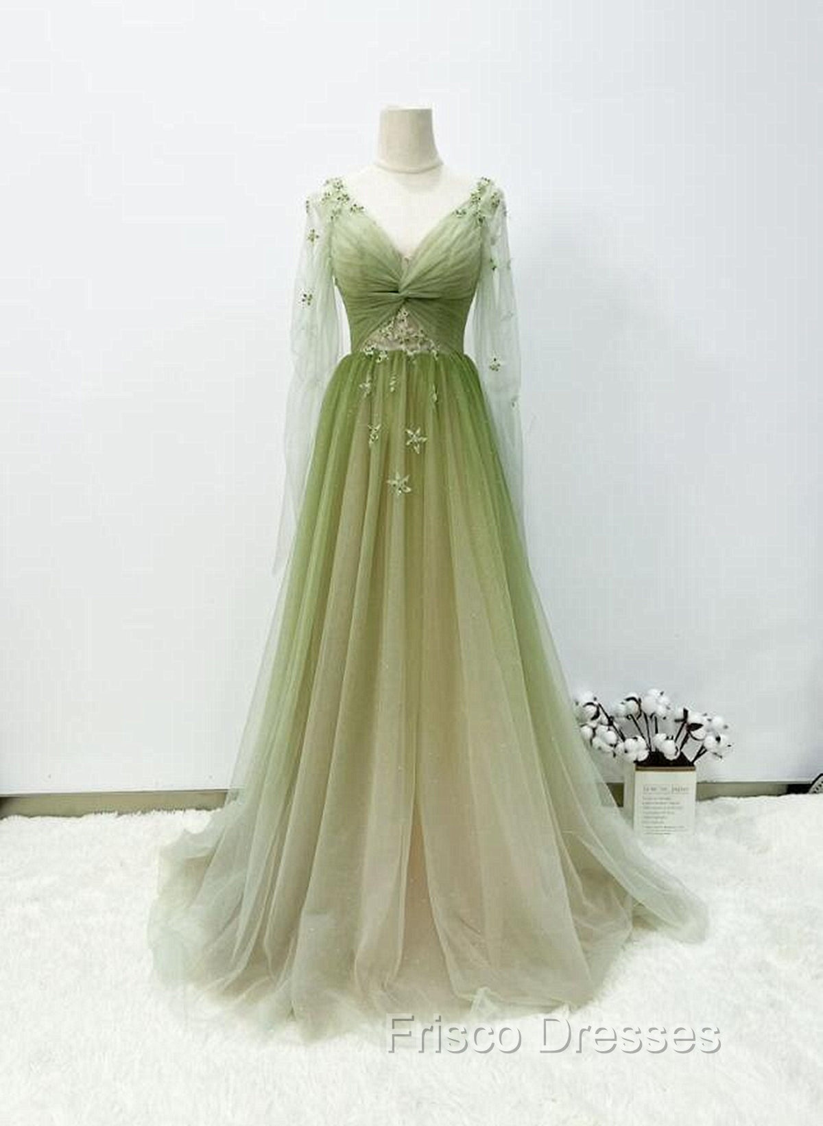 A-line Green Gradient Puffy Sleeves Tulle Long Party Dress, Green Long Formal Prom Dress Secondary image